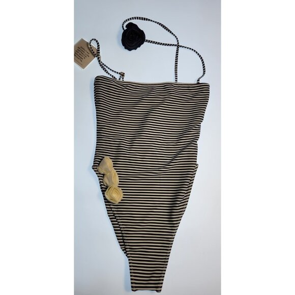 SAME LOS ANGELES One Piece Swimsuit Womens Stripped Sz Small Flower Beige Blue - Picture 1 of 8